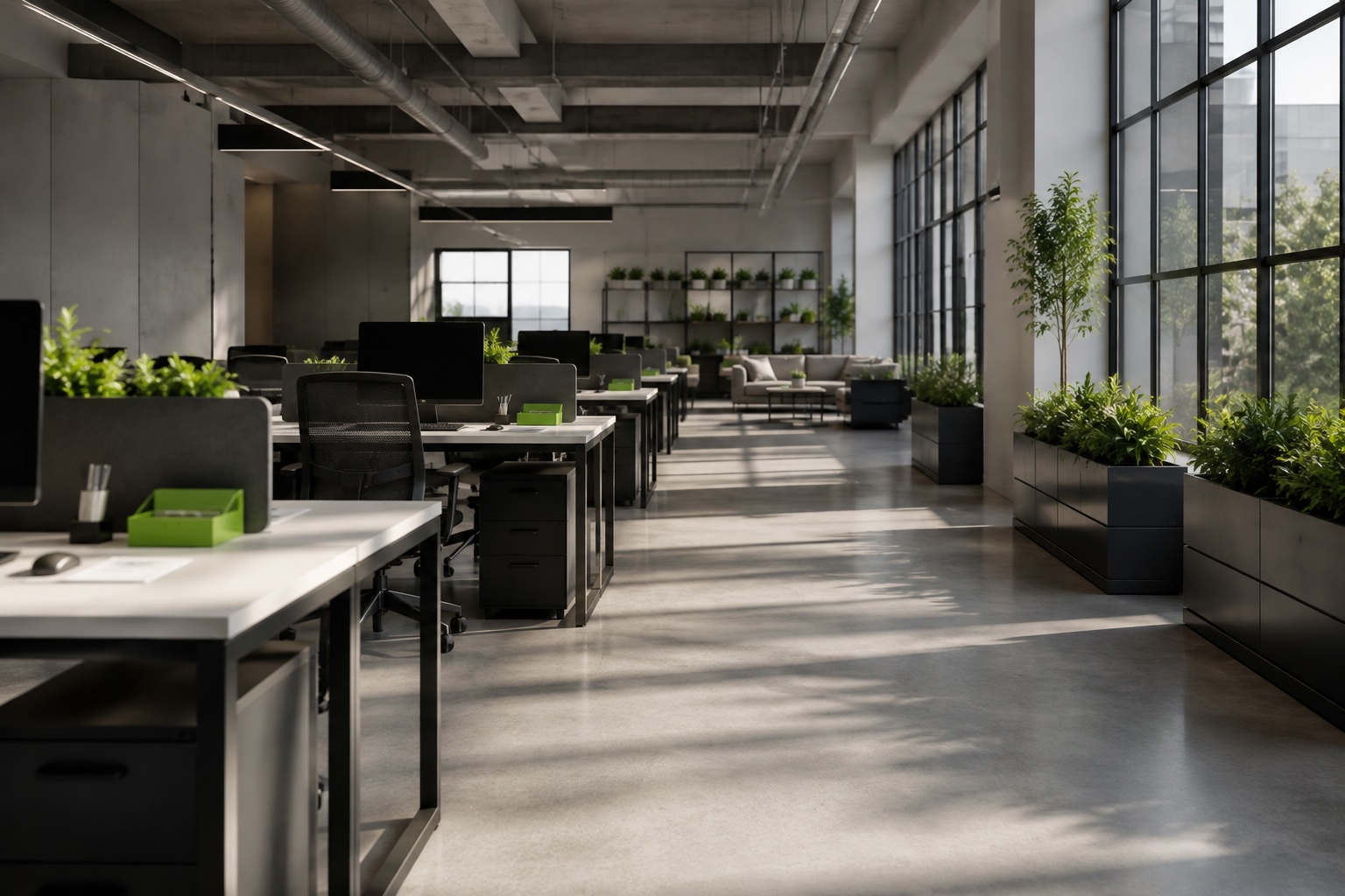 Estaciones de trabajo abiertas en oficina corporativa moderna