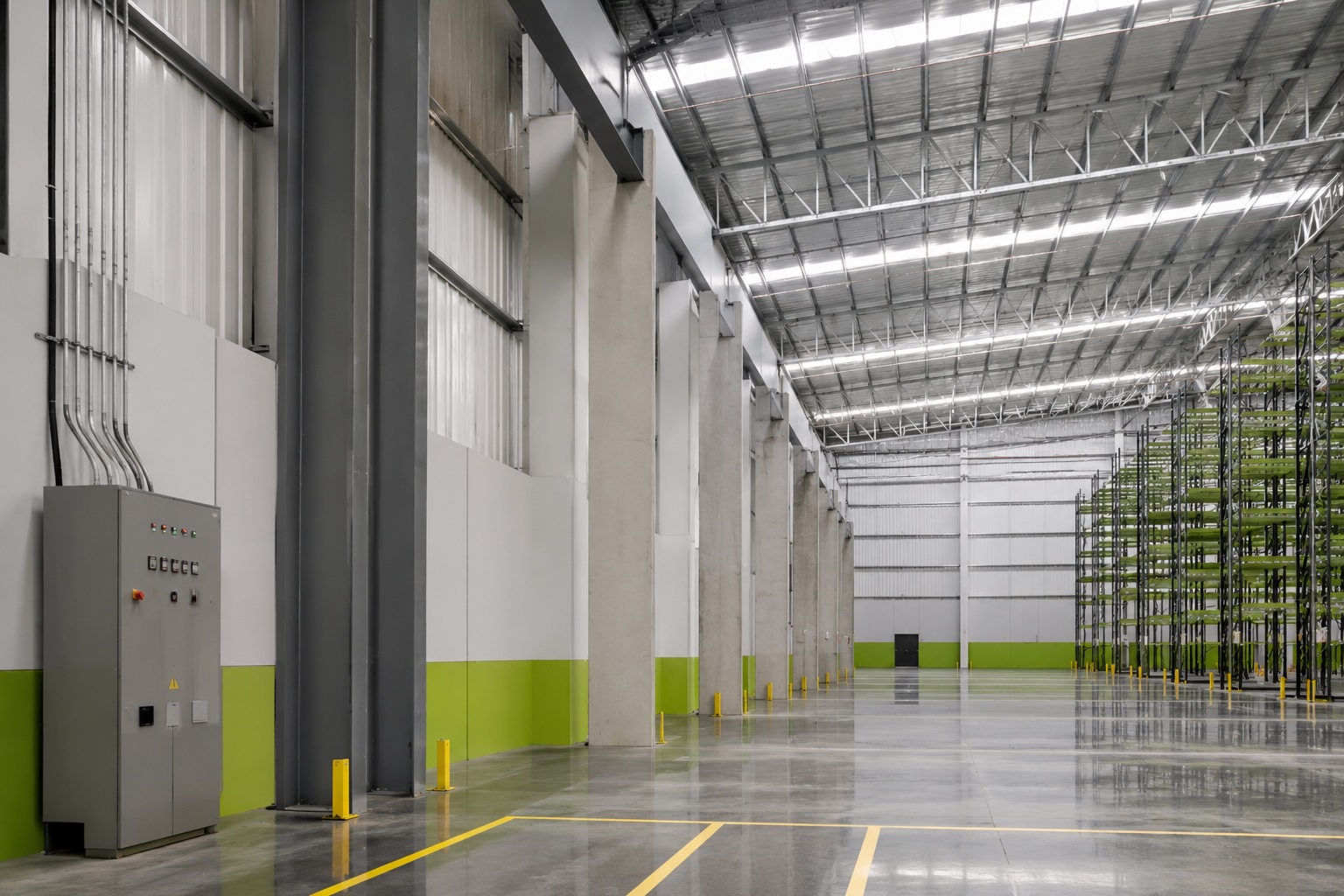 Interior de bodega industrial con especificaciones para nearshoring